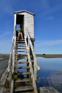 Reading in the safety tower on the Lindisfarne causeway.