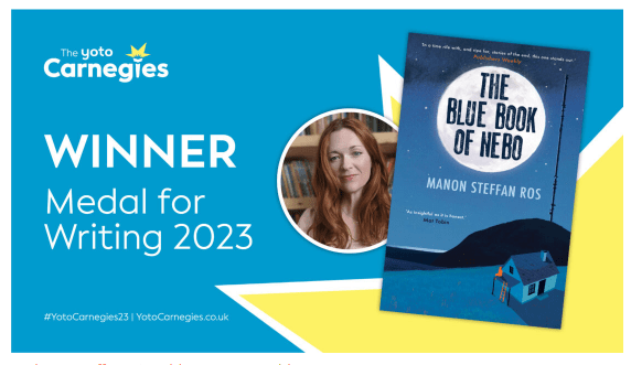 Blue Book of Nebo cover and author photo as winner of the Yoto Carnegie Book Award 2023